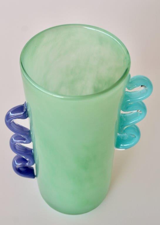 Tall Green Glass Vase With Purple And Blue Handles